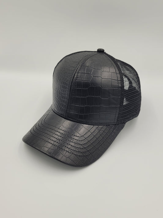 Black Alligator Emboss Leather Trucker Hat, Snapback, Made in USA