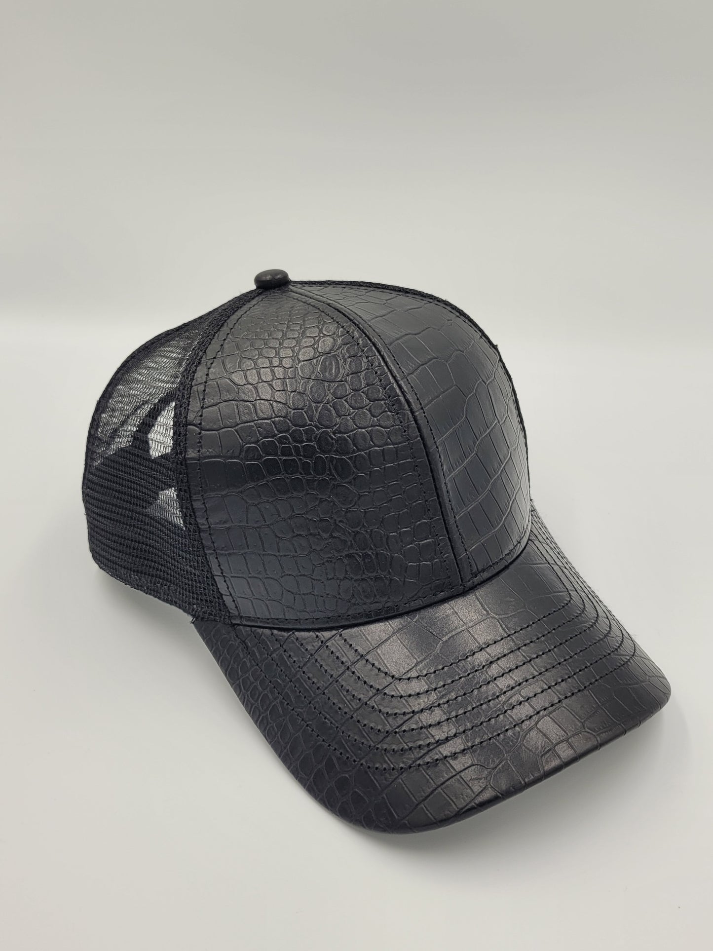 Black Alligator Emboss Leather Trucker Hat, Snapback, Made in USA