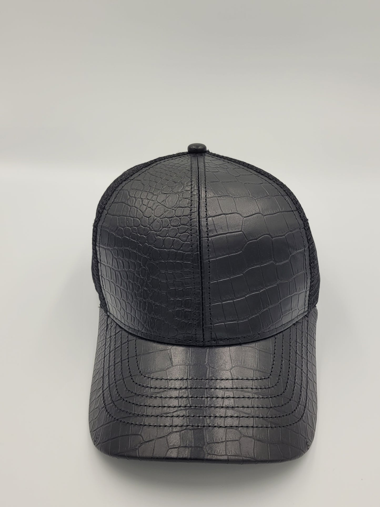 Black Alligator Emboss Leather Trucker Hat, Snapback, Made in USA