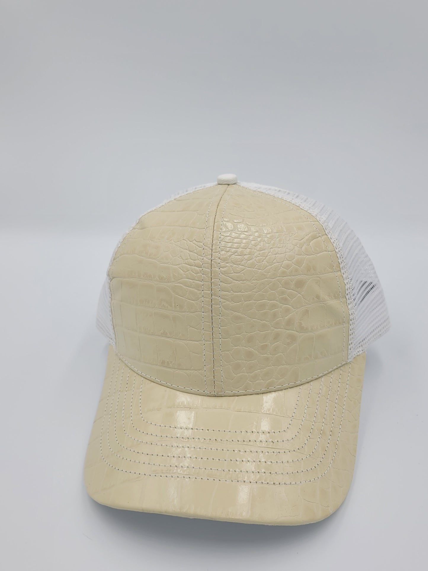 Cream Alligator Emboss Leather Trucker Hat, Snapback, Made in USA