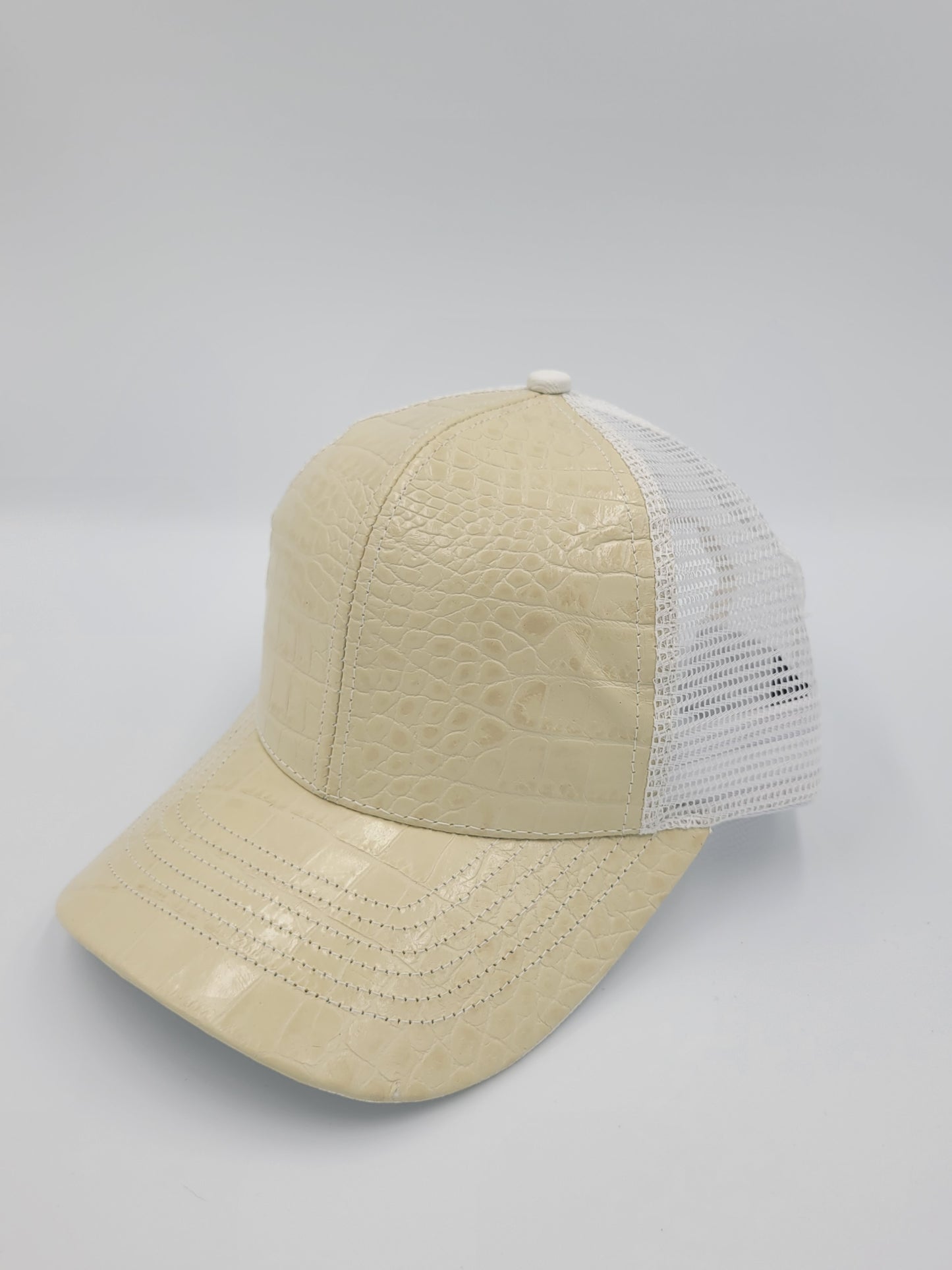 Cream Alligator Emboss Leather Trucker Hat, Snapback, Made in USA