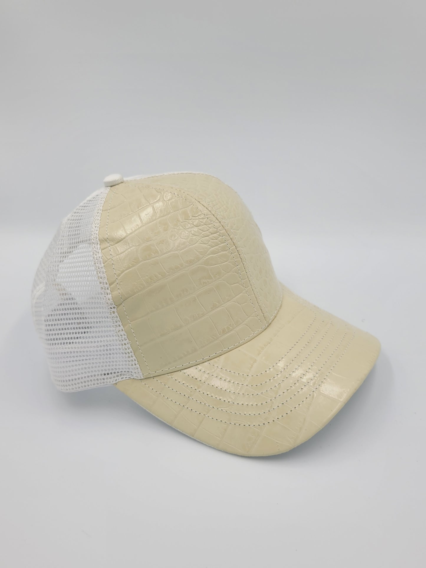 Cream Alligator Emboss Leather Trucker Hat, Snapback, Made in USA