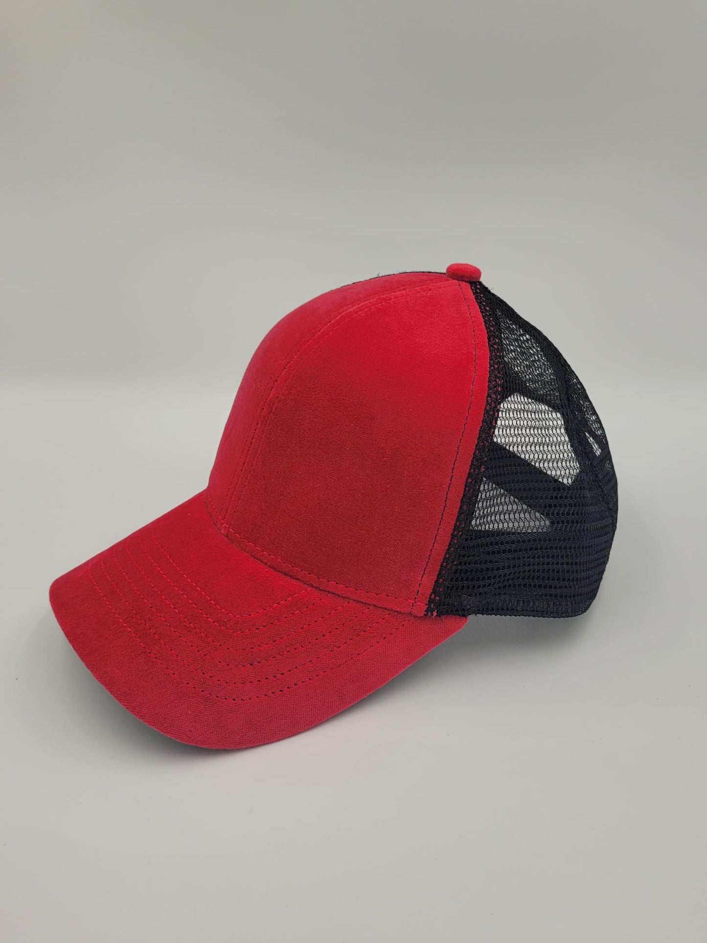 Red Suede Fabric Trucker Hat, Snapback, Made in USA