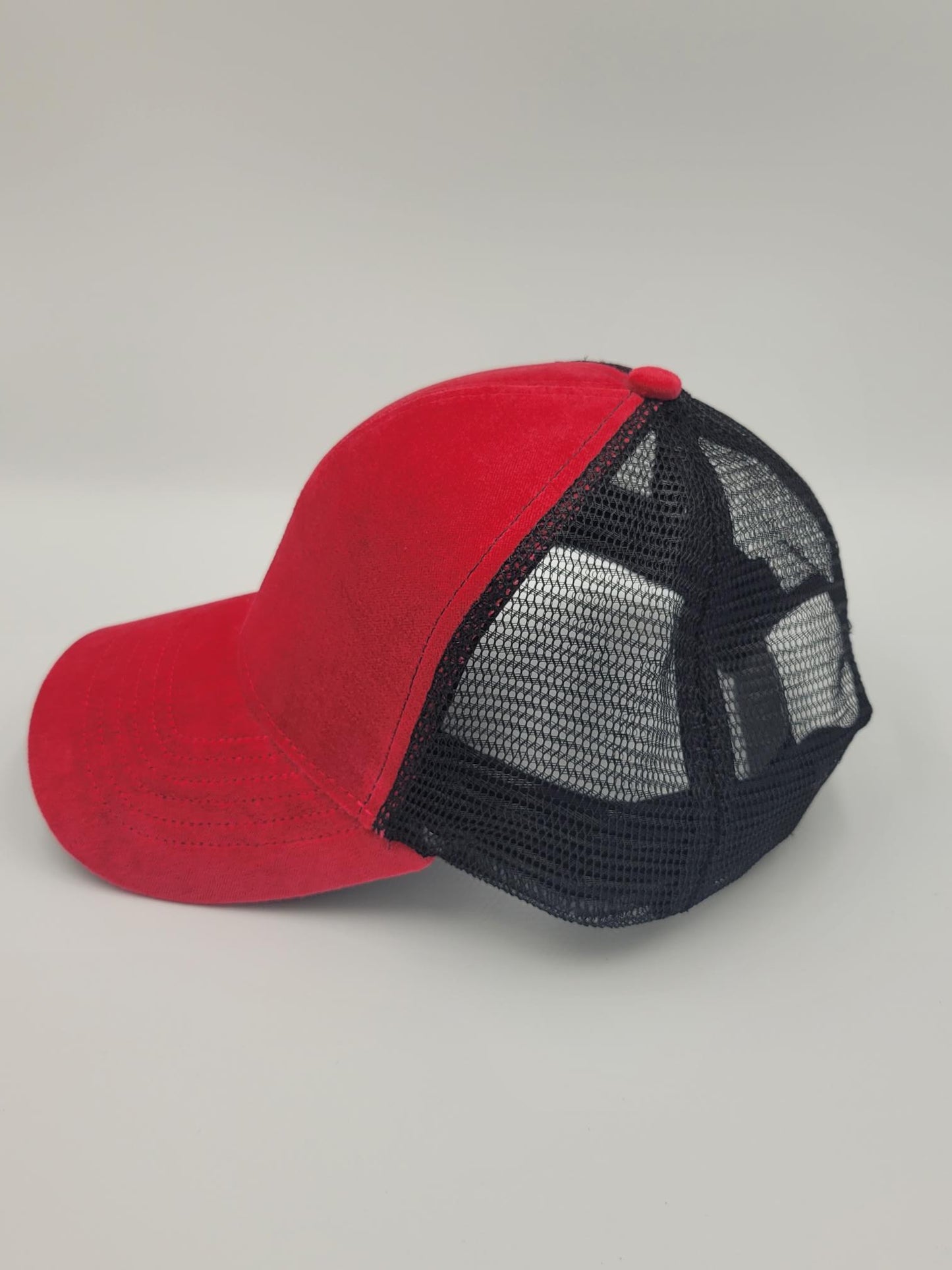 Red Suede Fabric Trucker Hat, Snapback, Made in USA