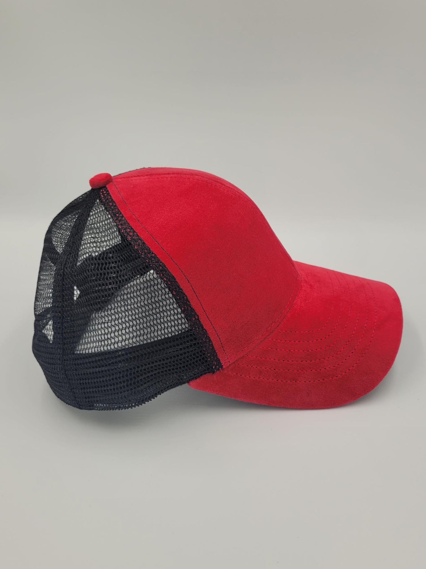 Red Suede Fabric Trucker Hat, Snapback, Made in USA