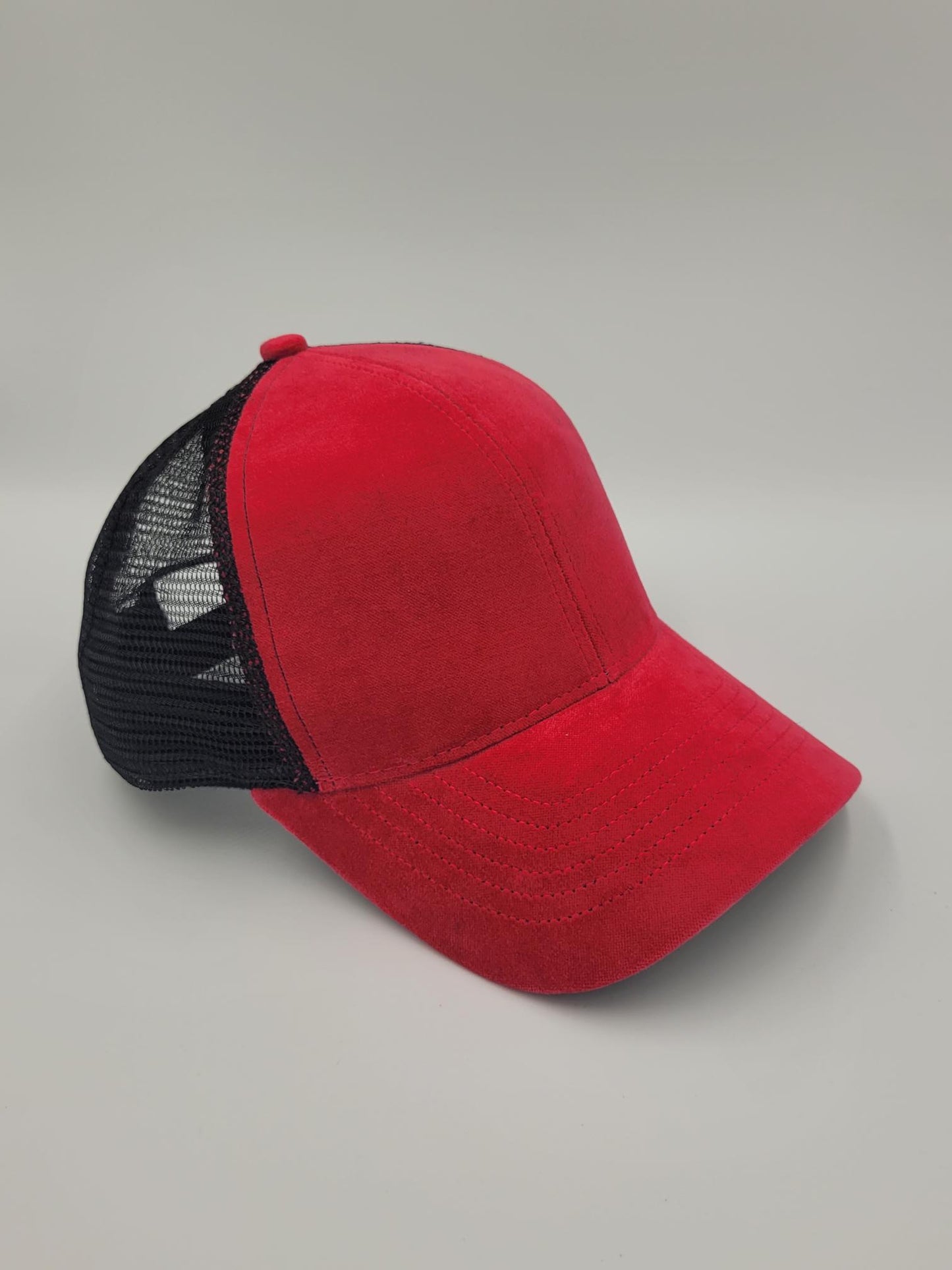 Red Suede Fabric Trucker Hat, Snapback, Made in USA