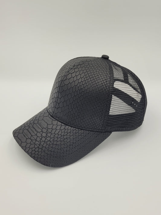 Black Snake Emboss Leather Trucker Hat, Snapback, Made in USA