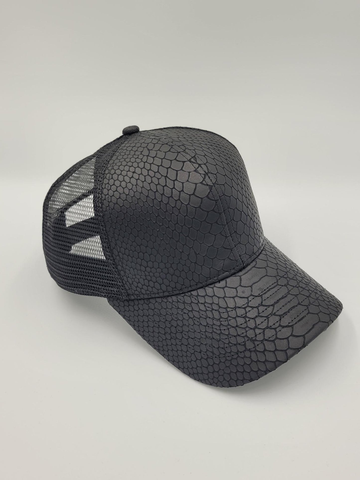 Black Snake Emboss Leather Trucker Hat, Snapback, Made in USA