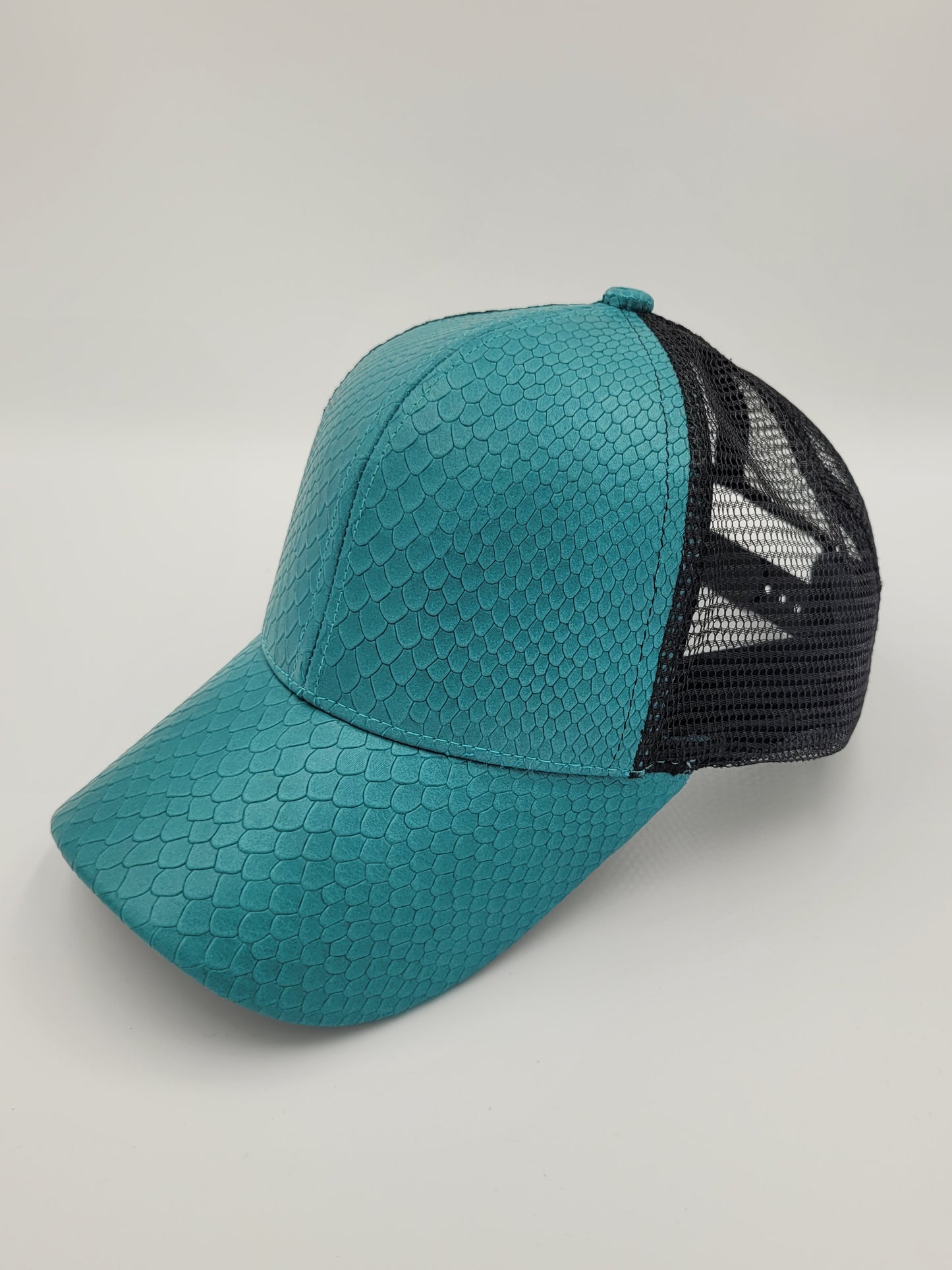 Teal Snake Emboss Leather Trucker Hat, Snapback, Made in USA