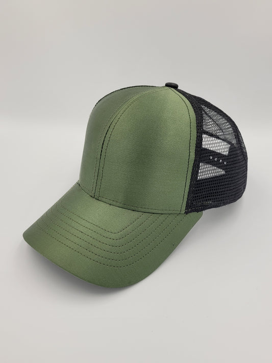 Green Satin French Silk Trucker Hat, Snapback, Made in USA