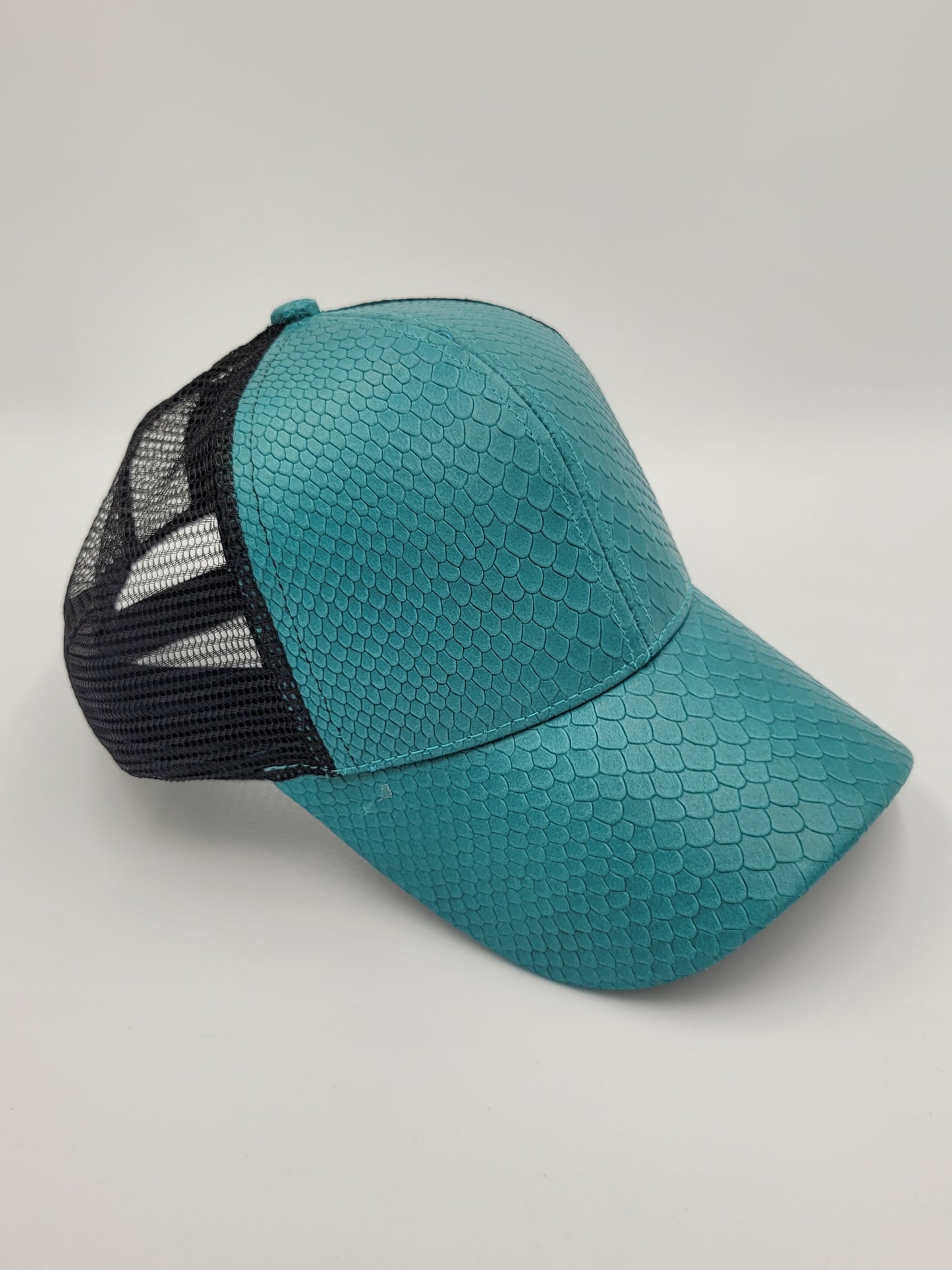 Teal Snake Emboss Leather Trucker Hat, Snapback, Made in USA