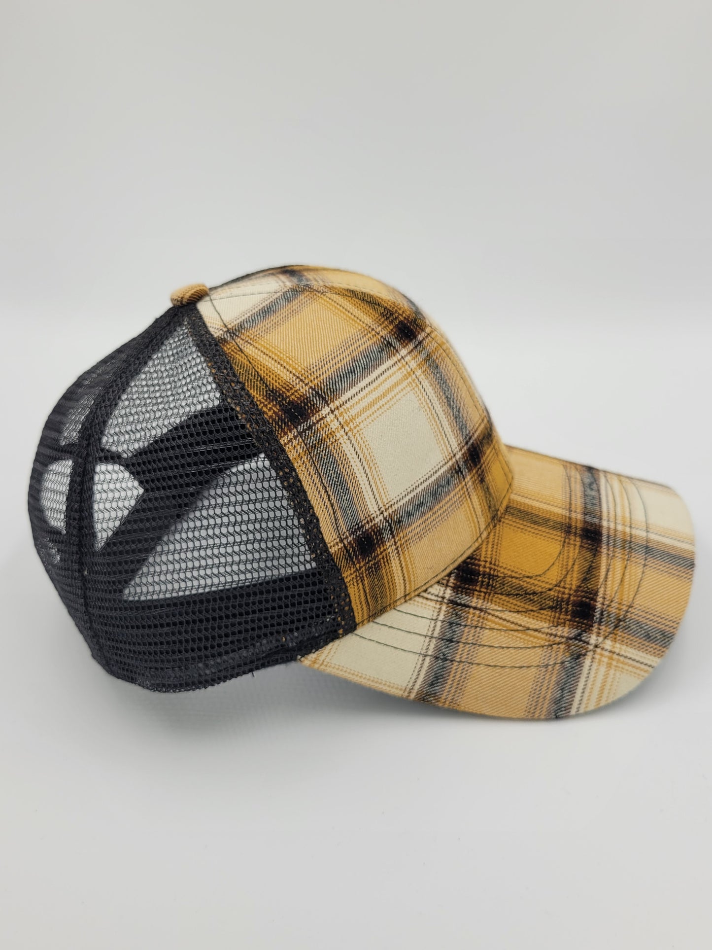 Cream & Yellow Plaid Cotton, Black Mesh Trucker Hat, Snapback, Made in USA