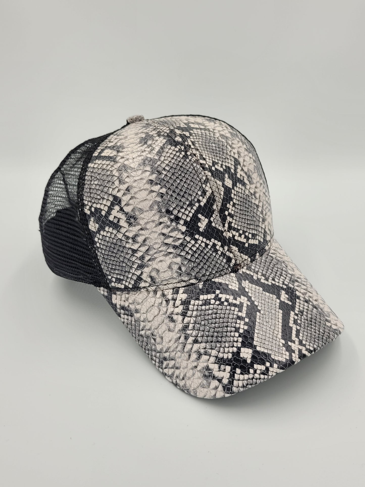 Black & White Snake Emboss Leather Trucker Hat, Snapback, Made in USA