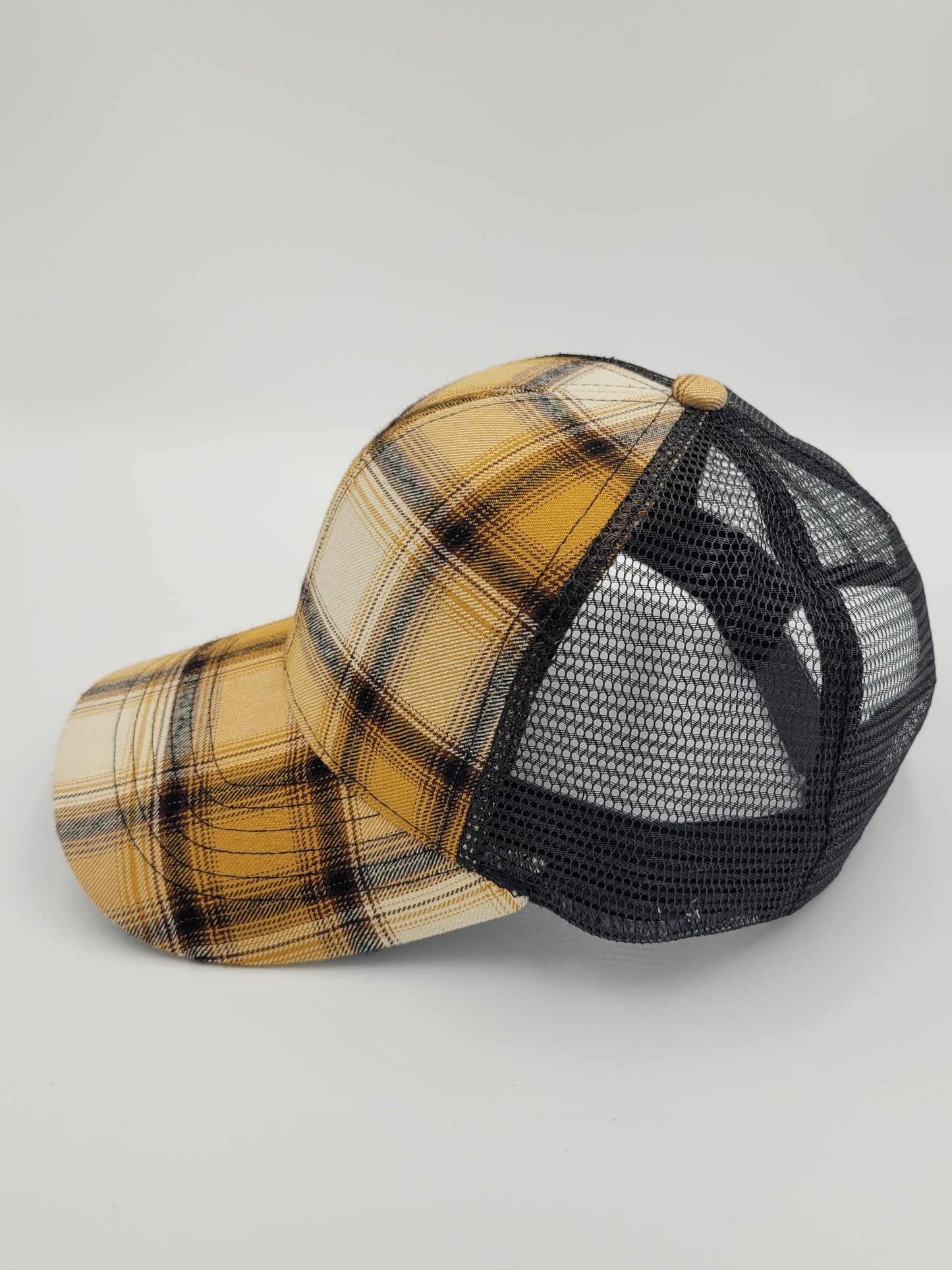 Cream & Yellow Plaid Cotton, Black Mesh Trucker Hat, Snapback, Made in USA