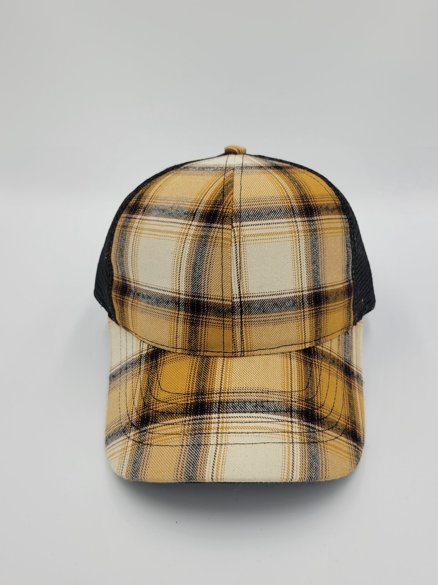 Cream & Yellow Plaid Cotton, Black Mesh Trucker Hat, Snapback, Made in USA