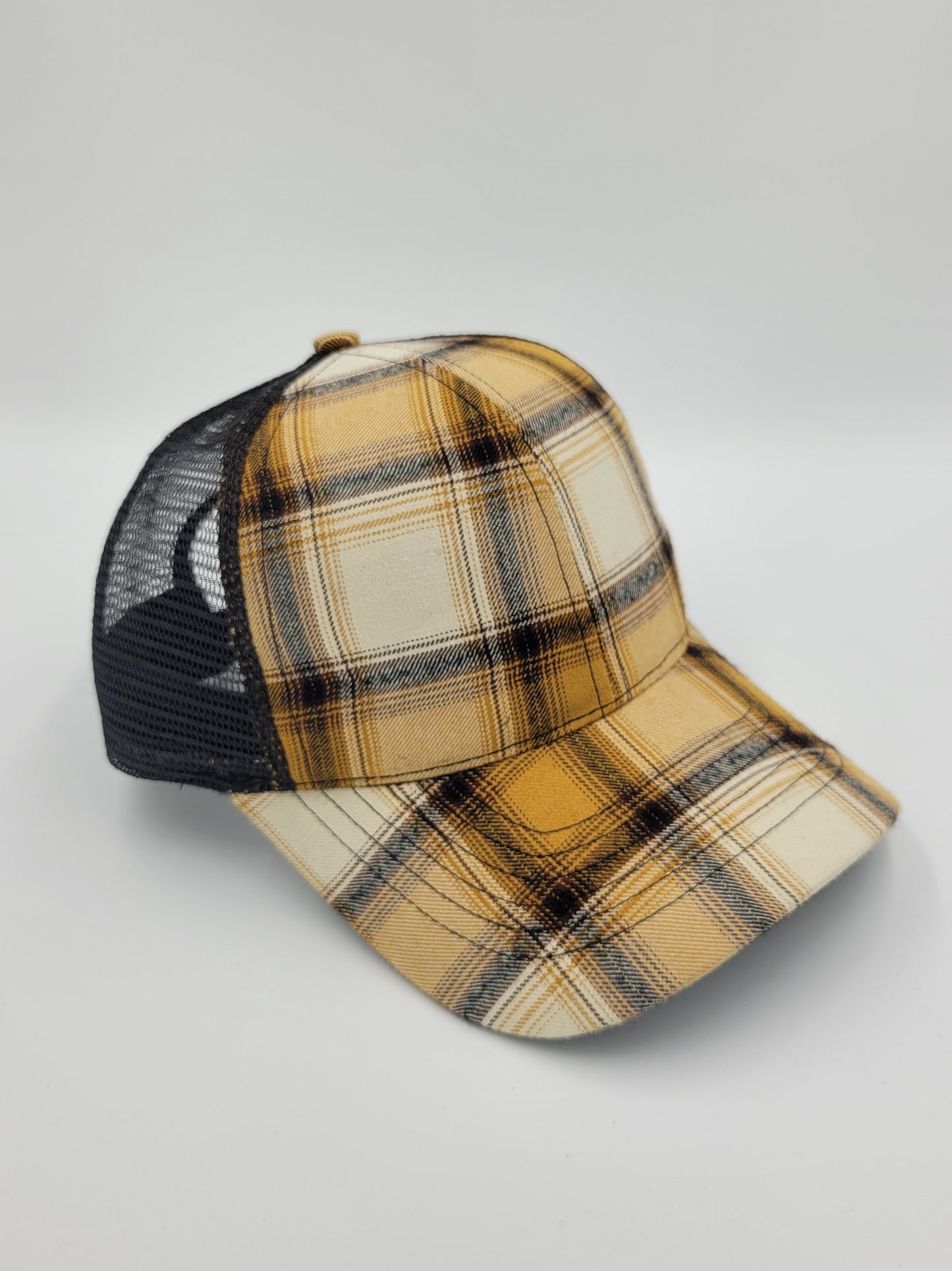 Cream & Yellow Plaid Cotton, Black Mesh Trucker Hat, Snapback, Made in USA