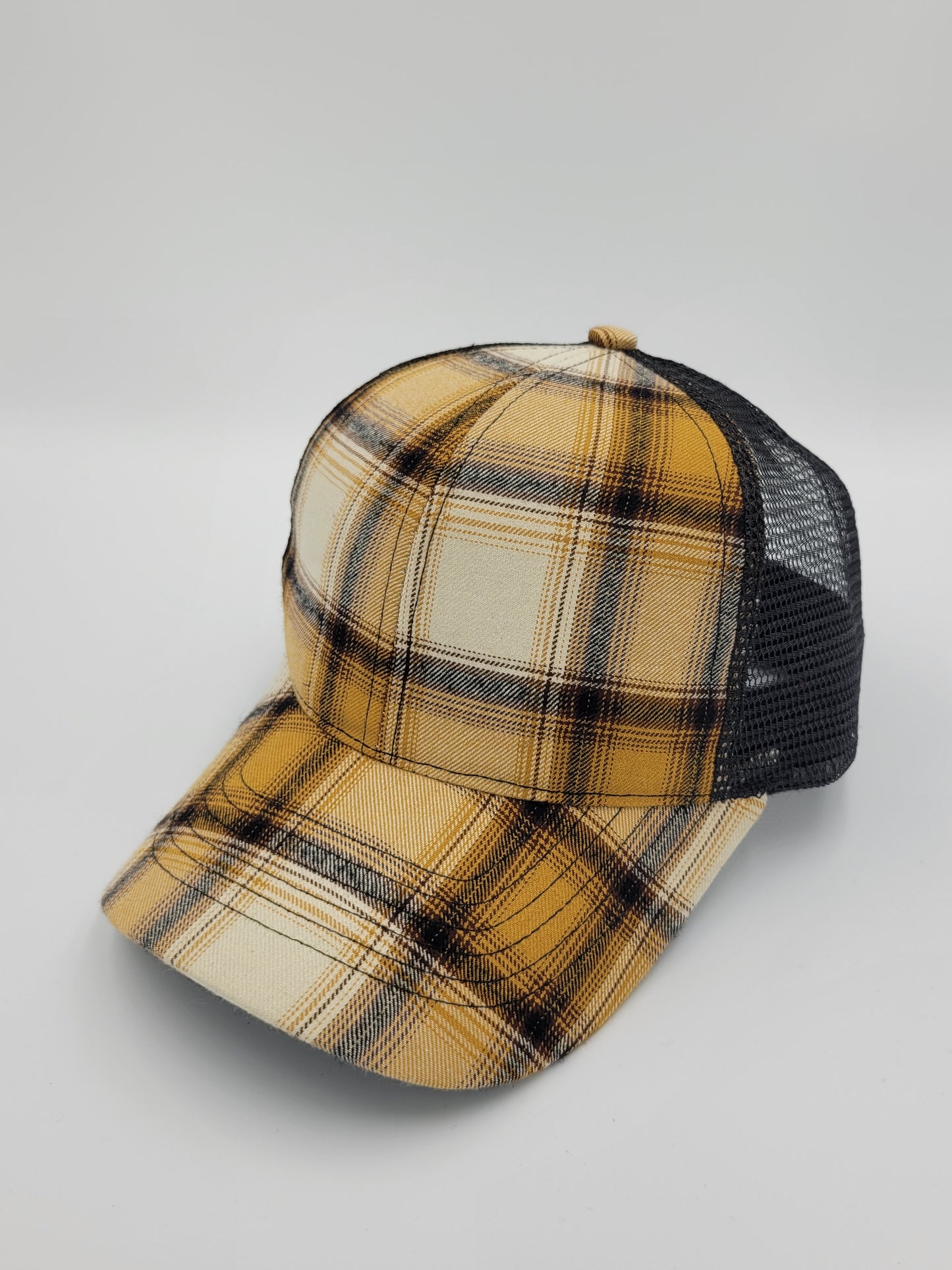 Cream & Yellow Plaid Cotton, Black Mesh Trucker Hat, Snapback, Made in USA