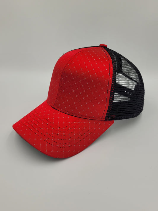 Red Satin French Silk Seraph Pattern Trucker Hat, Snapback, Made in USA